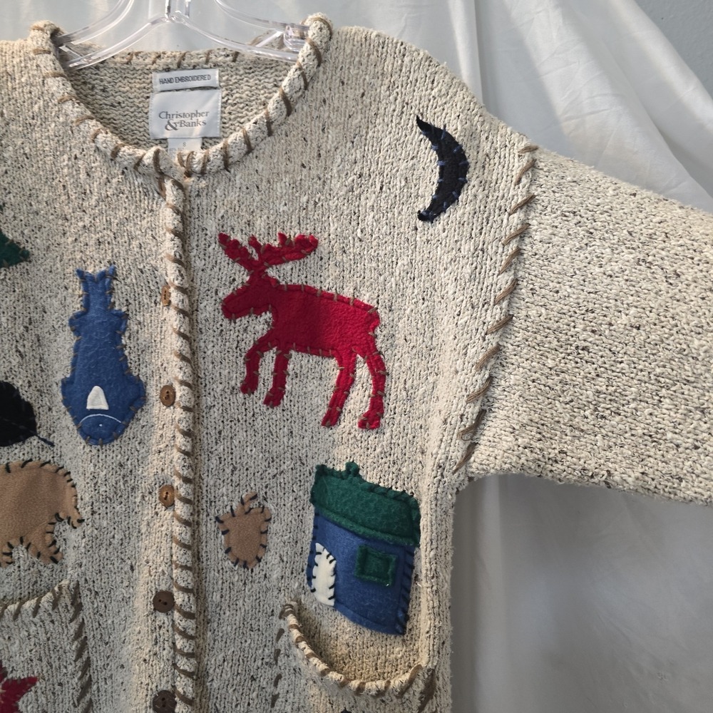 Vtg Christopher &Banks Hand Embroidered Cardigan Moose Bear Fish Woodland S NWT* - Picture 7 of 15